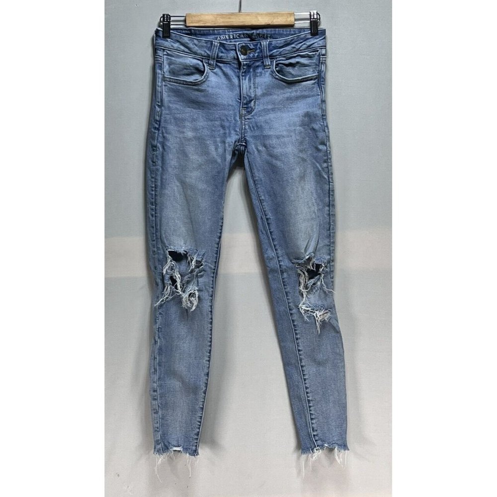 American Eagle Women Jeans Size 2 Regular Super Stretch Jegging Blue Distresed